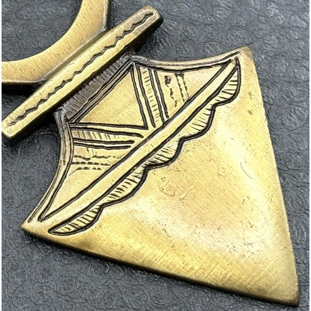 Tribal Mali Touareg Amulet Cross Pendant Long Brass Tone Geometric Signed VM